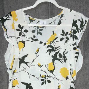 Cabi White Floral & Bird Print Long Sleeve Blouse - Small